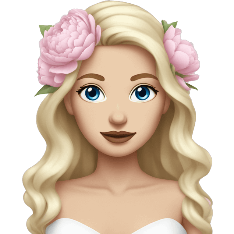 White bride with long light blonde hair and blue eyes with light pink peonies in hair white skin  emoji