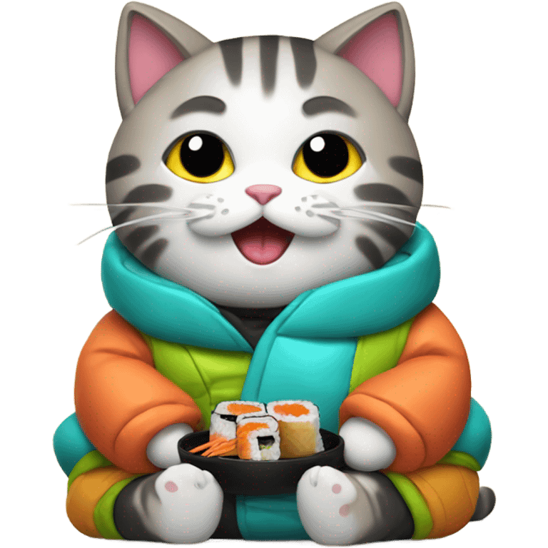 cat wearing a puffy jacket eating sushi emoji