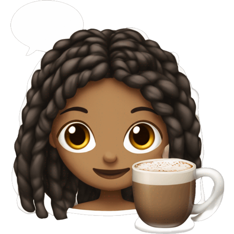 Light brown girl with black long braids and a hot chocolate emoji