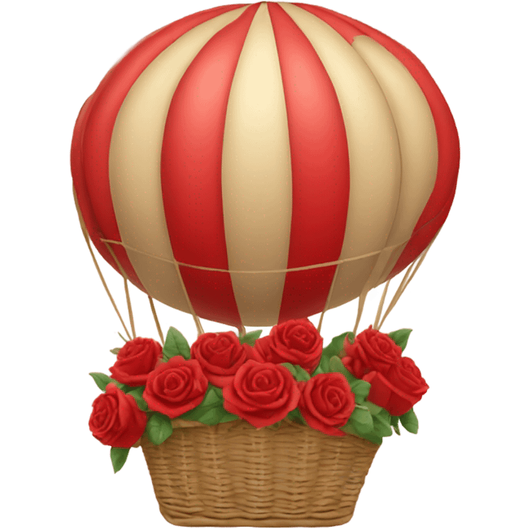 red hot air balloon and beige basket with roses emoji