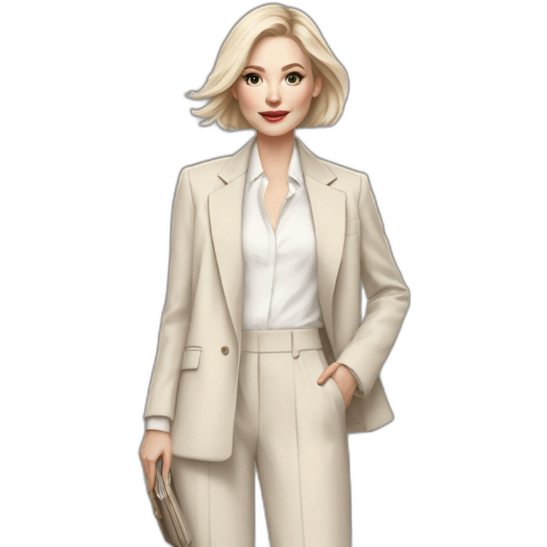 pale skin woman with ash blonde Straightened bob Hair, White Spacious classical jacket, beige palazzo Arrow pants and gray blouse holding a color palettes in the hands emoji