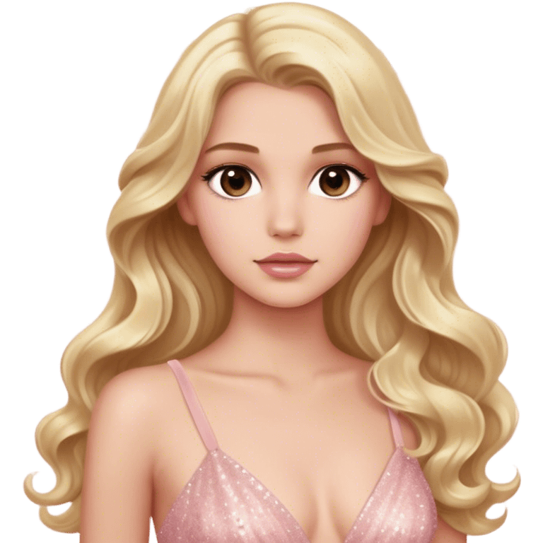 blonde model, brown eyes, long wavy hair, oscars red carpet, light pink glittery gown emoji