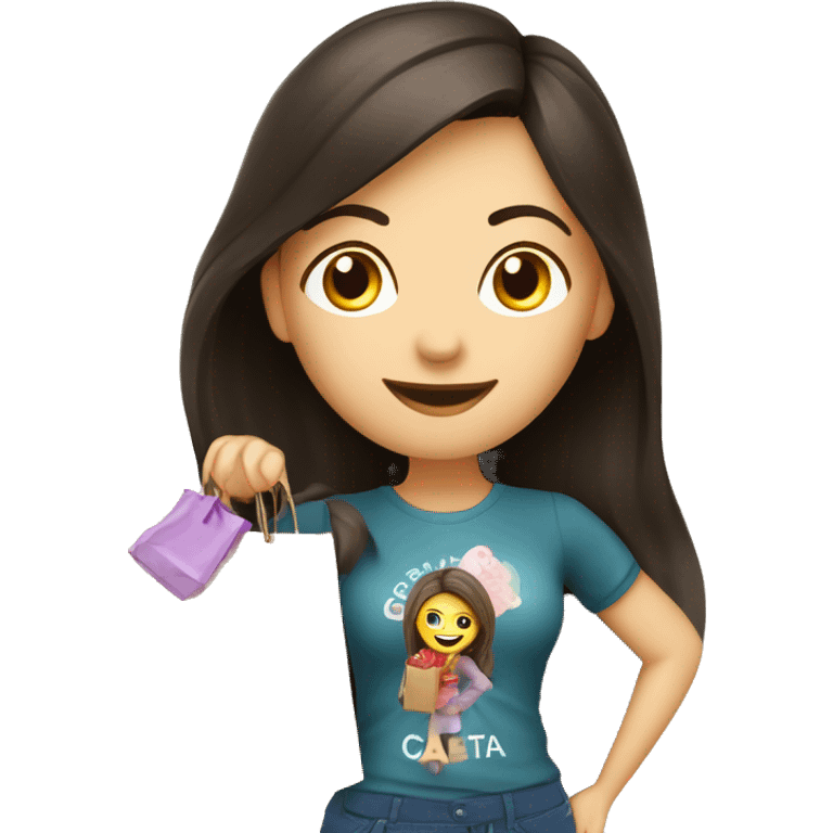 Beautiful woman with long dark hair with shopping bag and on the shopping bag Inscription CAPUSTA emoji