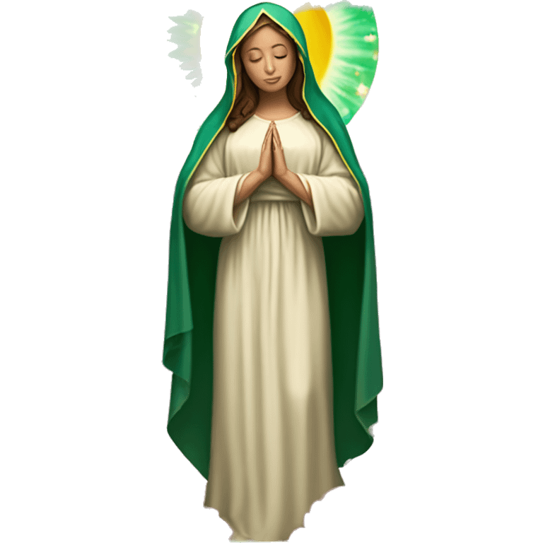 Virgin Mary: kind face looking down at the left, long brown hair, Wearing an emerald green  robe with gold stars and a burgundy red dress,  Hands in prayer or blessing. Halo around her head. standing in front of a big sun. colorful roses on the sides  emoji