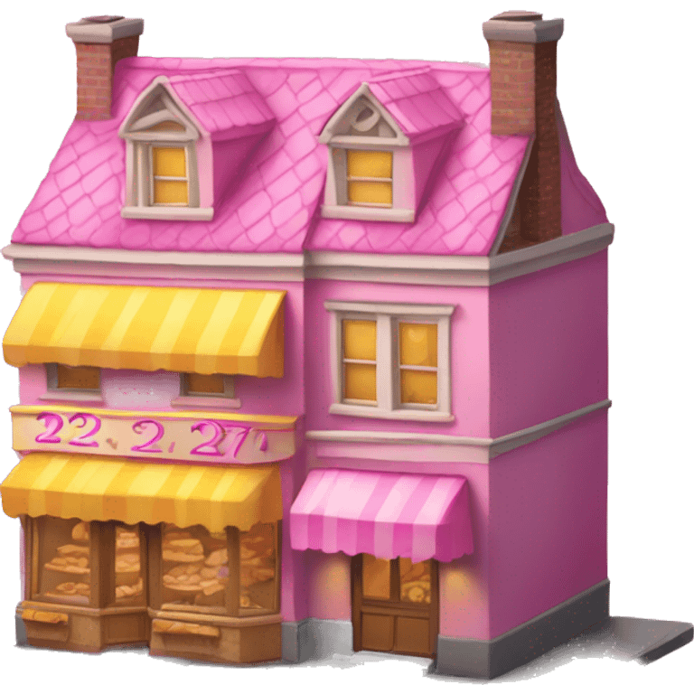 a three-floor bakery with house number 22, pink and yellow only on the facet emoji