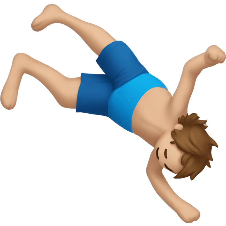 A white person with brown hair and blue t-shirt on  doing a backflip emoji