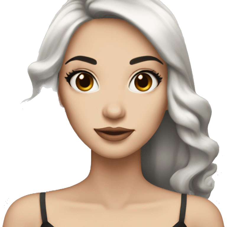 A woman with long black hair white skin makeup  brown eyes in a dress emoji