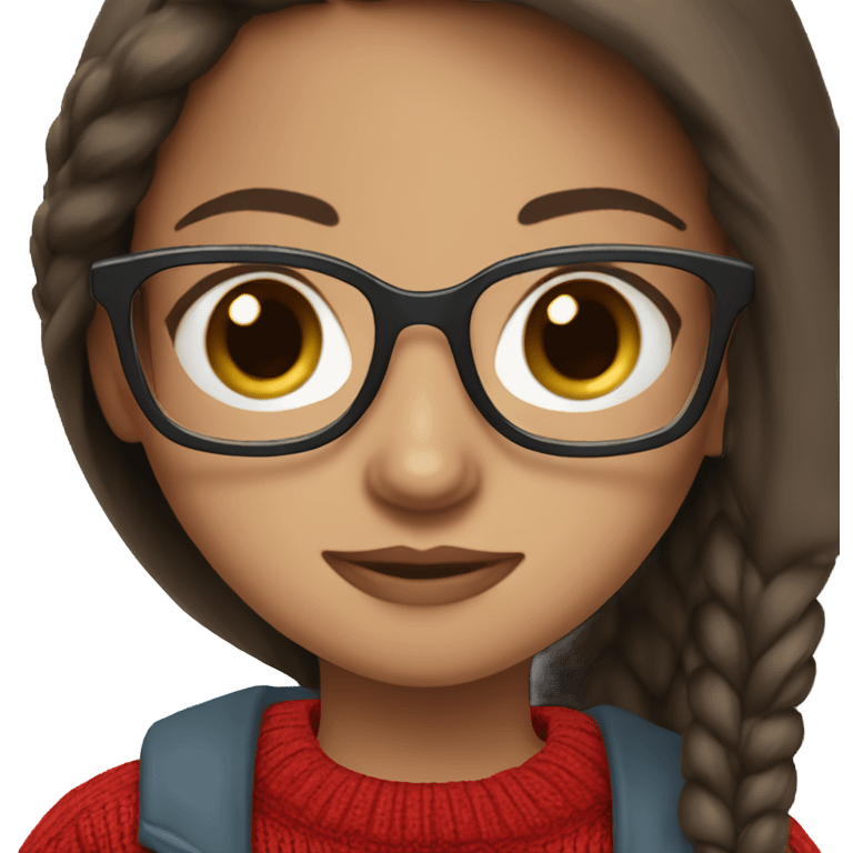 girl, white light skin, long straight dark brown hair, light blue eyes, dark red sweater, glasses, emoji