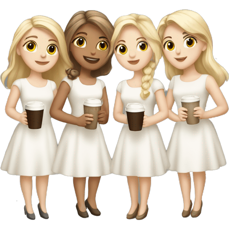 Four beautiful white european girls, one with blond hair and three with dark blond hair in dresses have coffee emoji