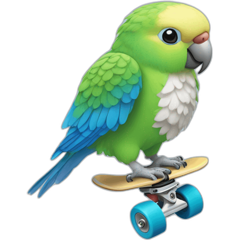 Budgerigar blue and white parrot rides a skateboard emoji