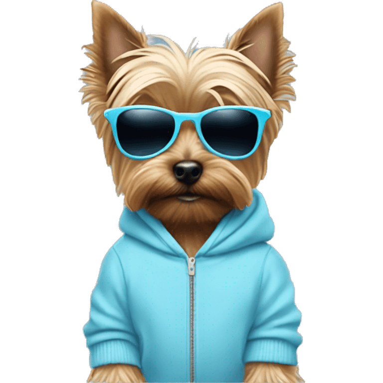 Yorkshire terrier dog with a pastel blue hoodie and pastel blue sunglasses emoji