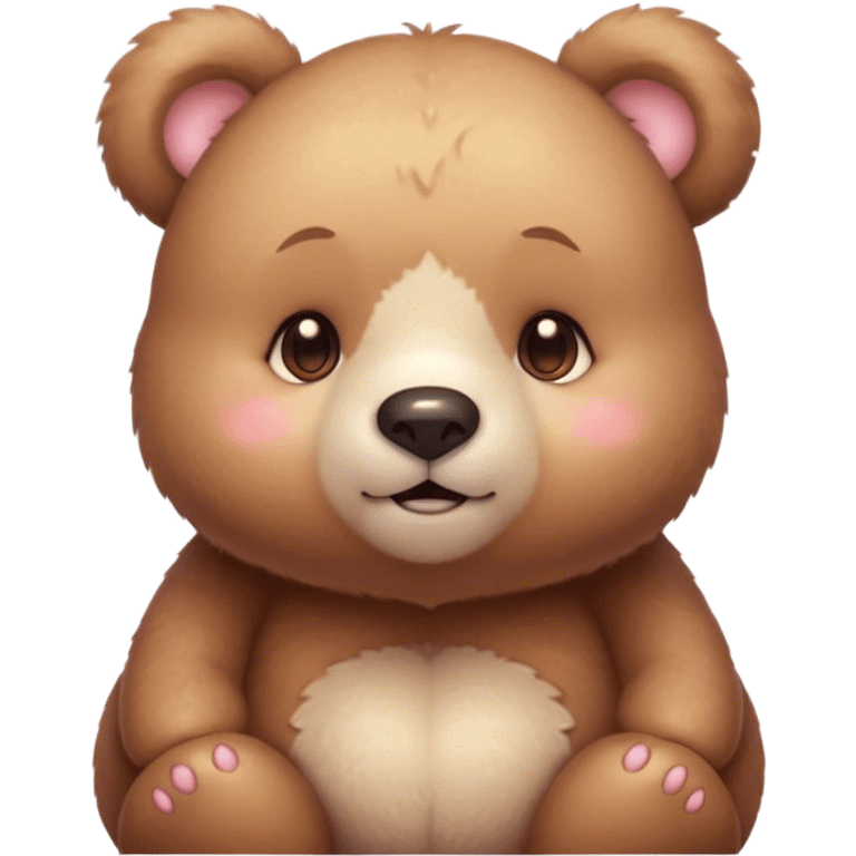 Cinematic cute soft bear, chubby round face, tiny ears, warm fuzzy fur, blushing cheeks, sparkling kind eyes, soft glowing background, heartwarming and huggable. emoji