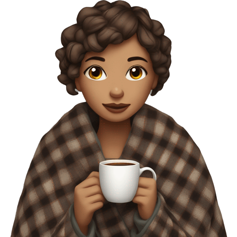 beautiful girl short hair wrapped in cozy plaid blanket with coffee emoji