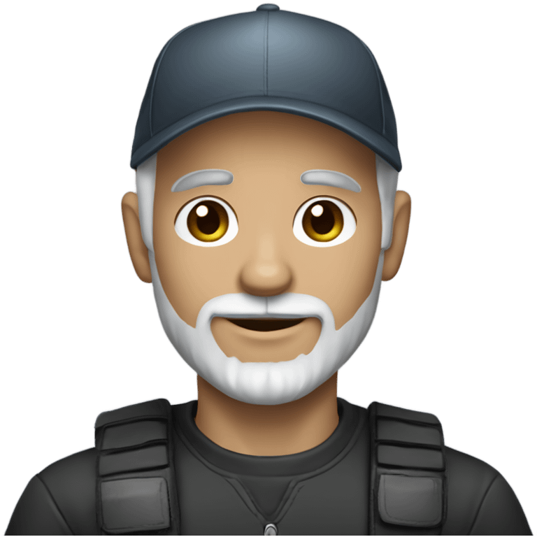 blue eyed man, with grey hair,  grey goatee, wearing ball cap, holding ‘all black long hair chihuahua’ emoji