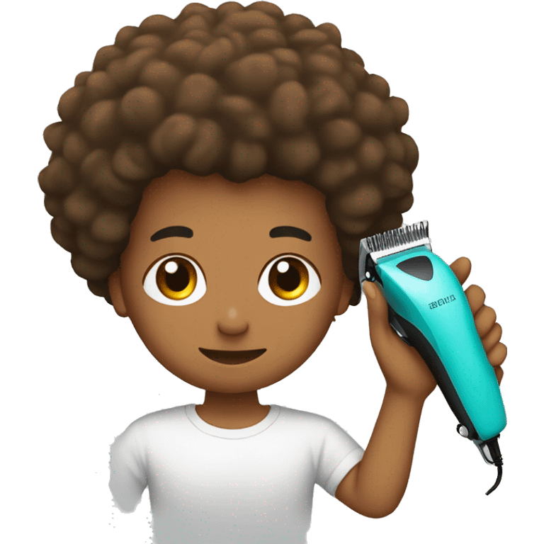 an boy is cutting his afro hair with a hair clipper emoji