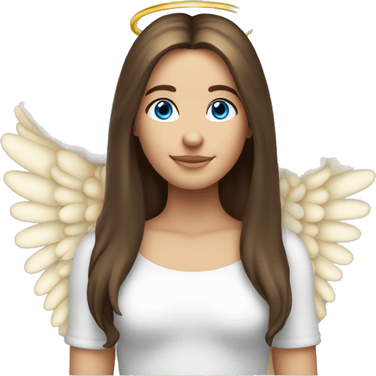 Caucasian brunette angel with long straight hair, dimples, big blue eyes, golden hoop halo over head and wings on back emoji