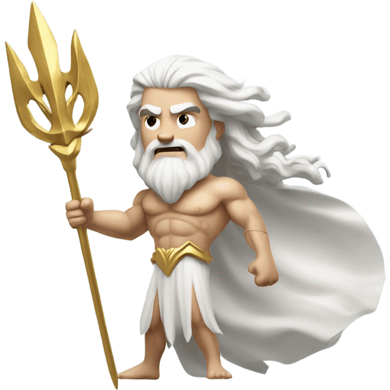 white man Poseidon with gold Trident. long white hair white dress. show biceps emoji