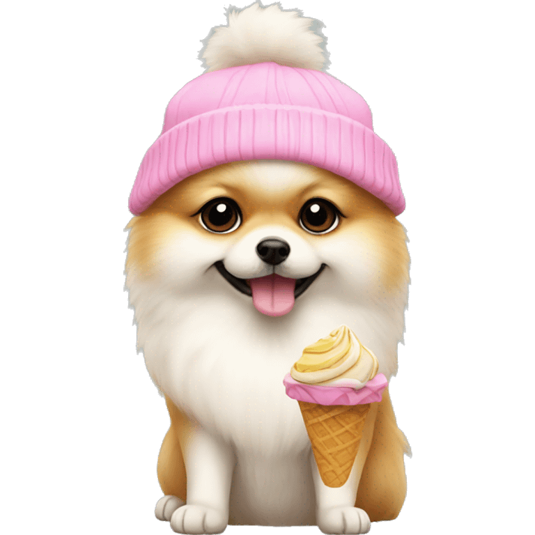 pomeranian eating an icecream and wearing a beanie pink emoji