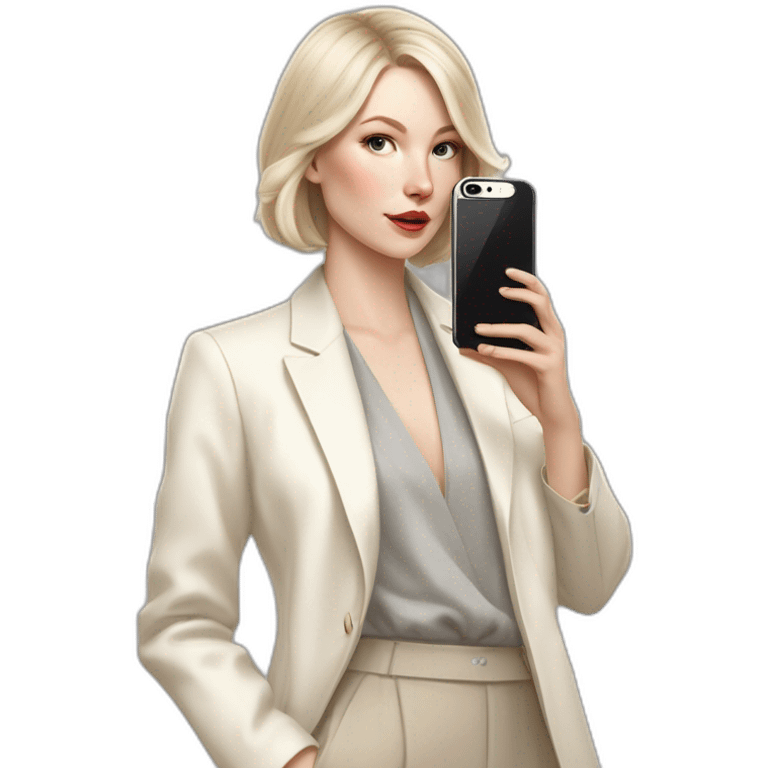 pale skin woman with ash blonde Straightened bob Hair, White Spacious classical jacket, beige palazzo Arrow pants and gray blouse holding white IPhone 15 pro in the hands emoji