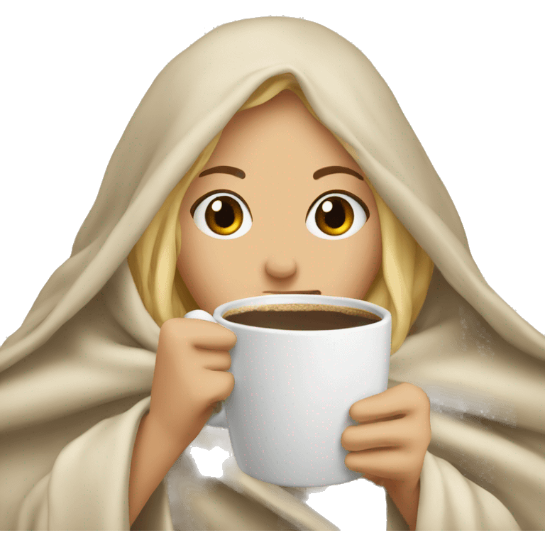 Blonde girl wrapped in big blanket drinking coffee emoji