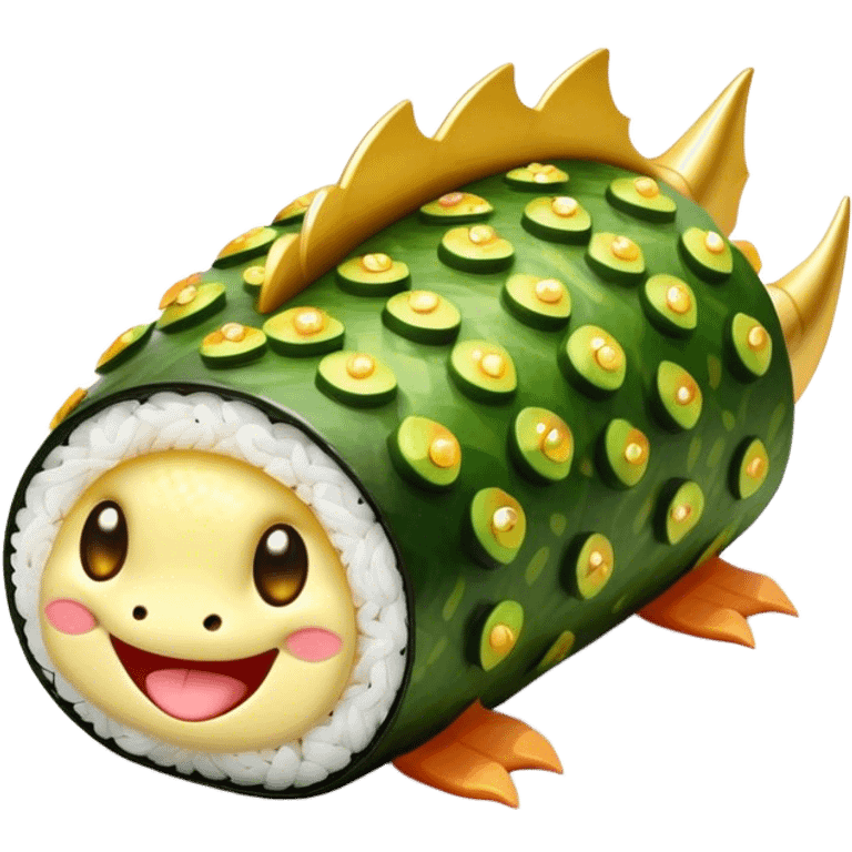 Cute Kawaii Dragon Roll, long and curled like a tiny dragon, bright green avocado scales, happy smiling face, chubby round body, sparkling golden sushi eyes! emoji