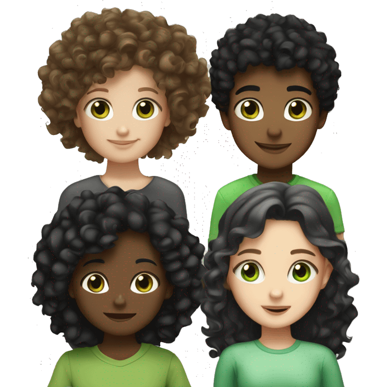 pretty white girl with curly black hair and brown eyes, a 6-year-old boy with black hair and green eyes, and a 13-year-old girl with curly blonde hair and brown eyes emoji