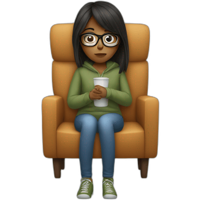 a girl with glasses sitting on a sofa having a bad cold emoji