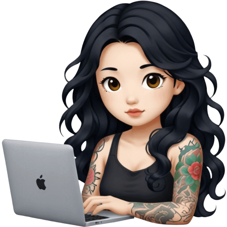 beautiful girl, with tattoos, with long black hair, wavy hair, chinese, with laptop emoji