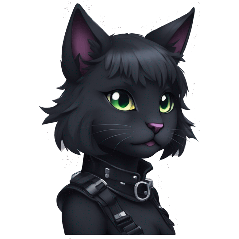 Gorgeous furry gothic dark techwear anime style anthro black cat furry sona Fakemon with blushing face aesthetic and pretty edgy black with collar and harness trending style emoji