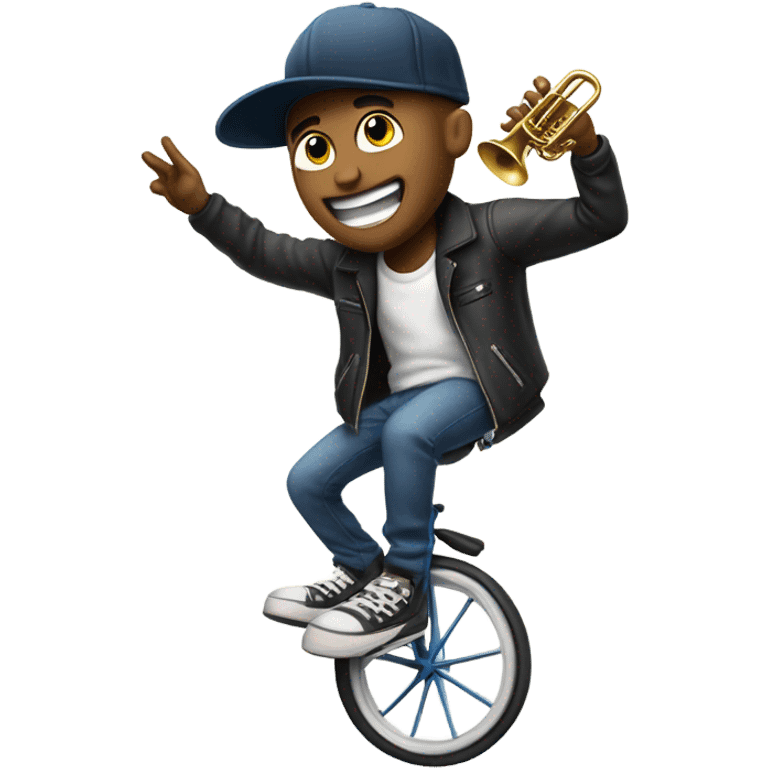 A hip-hop-anonymous riding a unicycle while playing a trumpet emoji