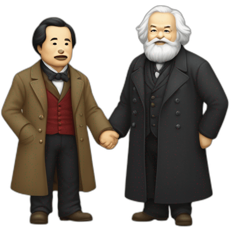 Li Hongzhi and Karl Marx, two human mentors, arm in arm，team up，rub shoulders, hooking up emoji