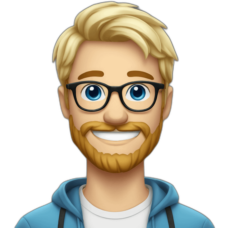 Handsome young man 25 years old sexy blue eyes short blond hair nice round glasses cool beard Light moustache funny big smile dimple on the side emoji