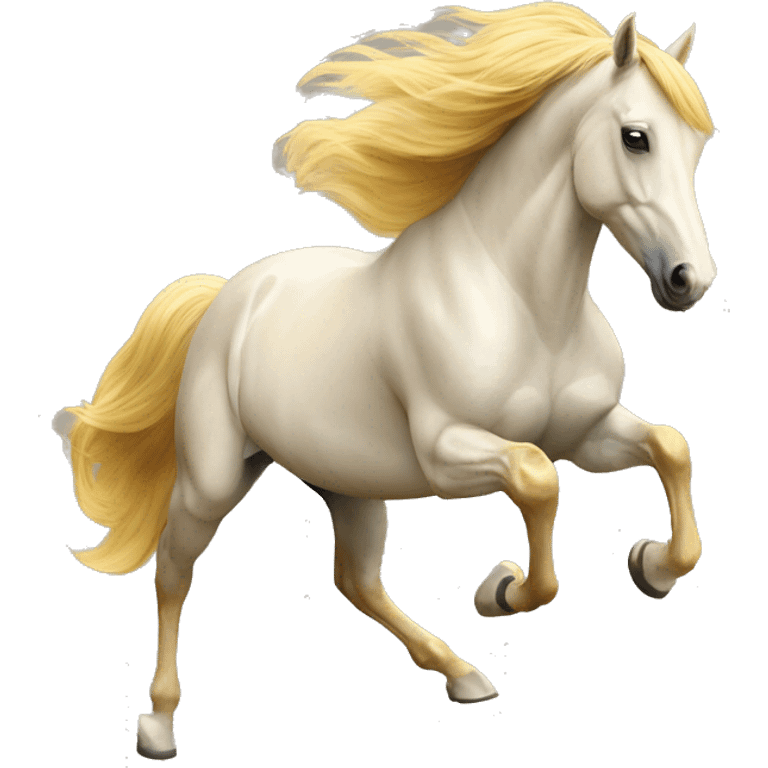 Yellow palomino horse with long flowing mane galloping with prosthetic leg, slender horse, solid yellow horse, running, yellow horse galloping with prosthetic leg, pretty horse emoji