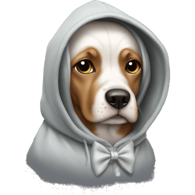 Dog wearing a hoodie with a bow emoji