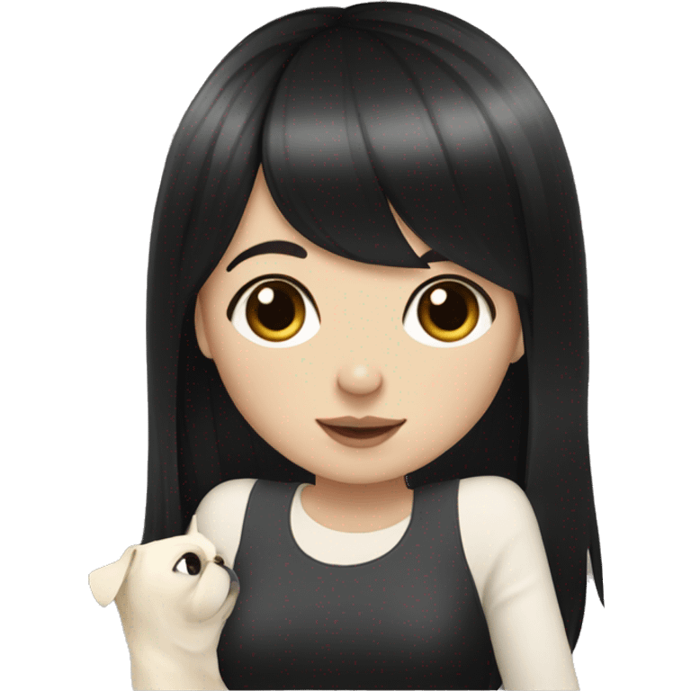 girl with long black hair and bangs holding white pug emoji