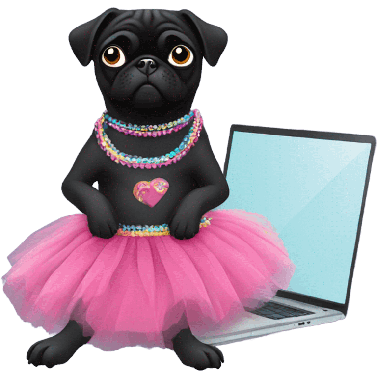 Black pug using a laptop while wearing a tutu dress emoji