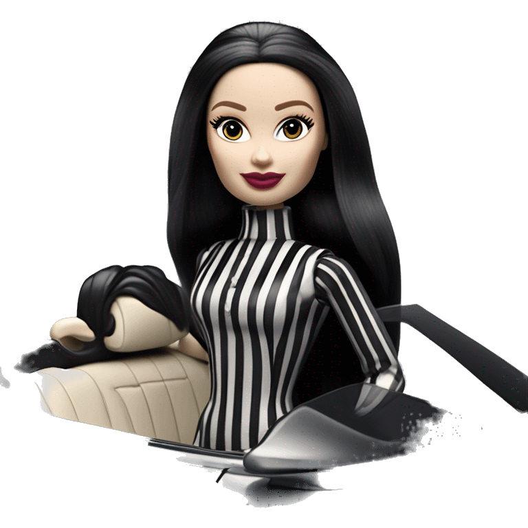 Darth Vader Barbie, 1910 teen Morticia Addams from academy, in dark-gray and black striped outfit. Smiling Driving Mercedes convertible sports car. Pale-white porcelain skin.  emoji