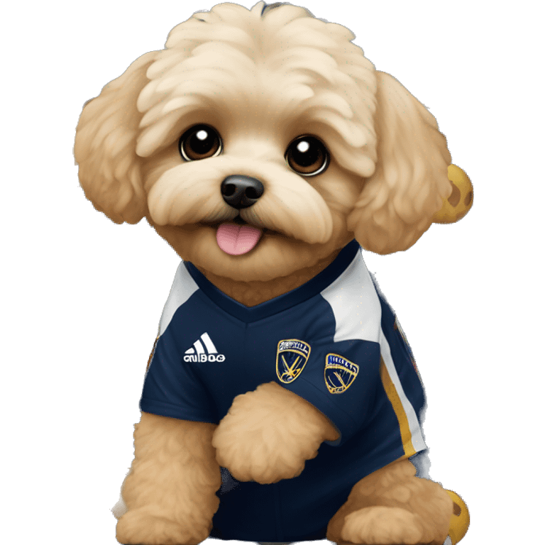 Maltipoo wearing a LA Galaxy jersey emoji