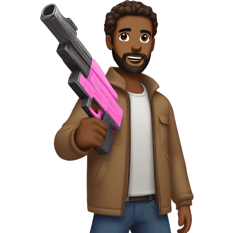 Tan man with dark brown hair, brown eyes, and a beard, holding a sparkly pink nerf gun emoji