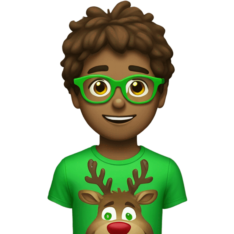 brown haired boy wearing reindeer glasses and grinch t-shirt emoji