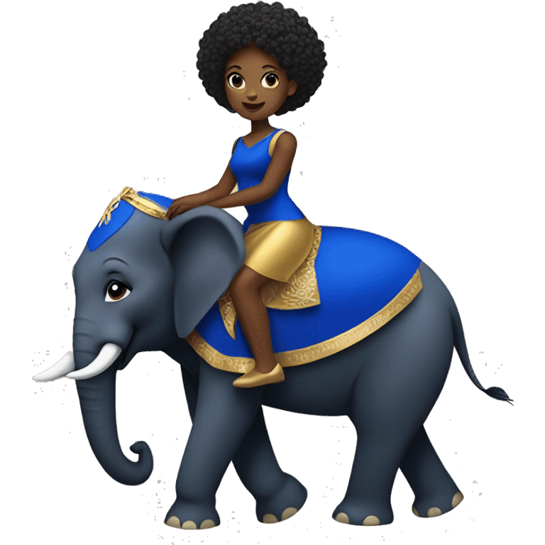 Young black woman in Royal blue and gold dress riding an elephant emoji