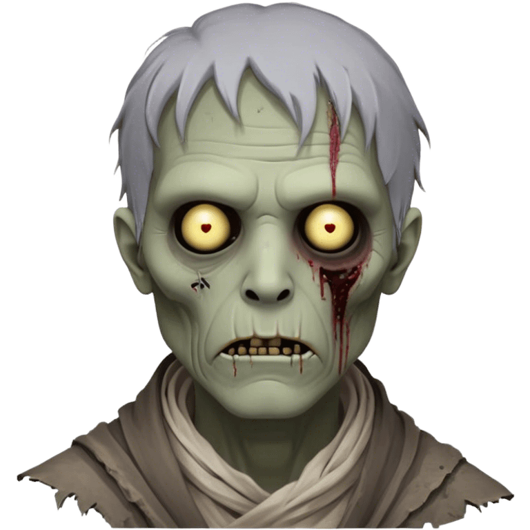 Cinematic Noble Zombie Portrait Emoji, Surprisingly dignified and somber, with a decaying yet strangely regal visage in ashen grays and muted tones, draped in tattered attire hinting at a lost grandeur, simplified yet meticulously detailed, glowing with a soft, eerie radiance and a gentle outline that evokes the tragic nobility of the undead! emoji