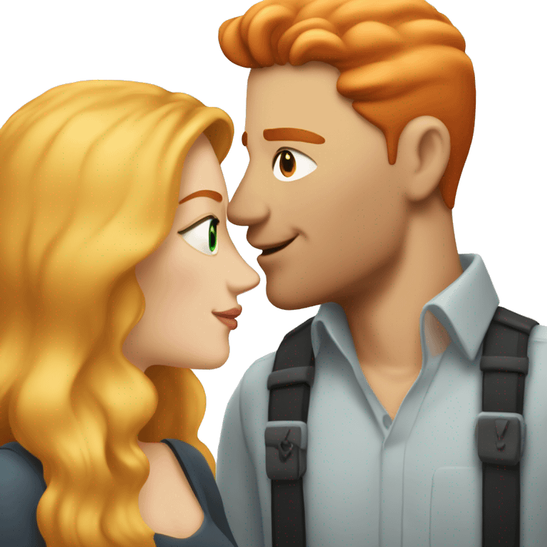 Tall man with short edgy bright red hair, no beard, kissing a woman with long blonde hair, both with fair skin, emoji