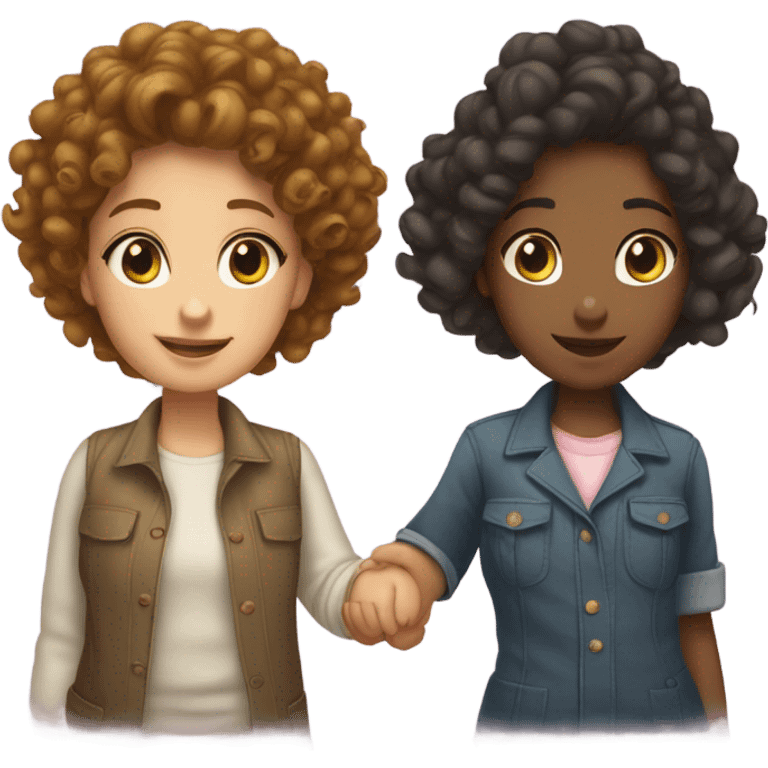 Two girls standing up holding hands one masculine with a curly bun and one feminine with curly hair emoji