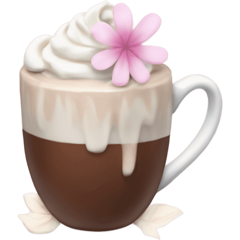 Hot chocolate with pale pink flower and whipped cream emoji