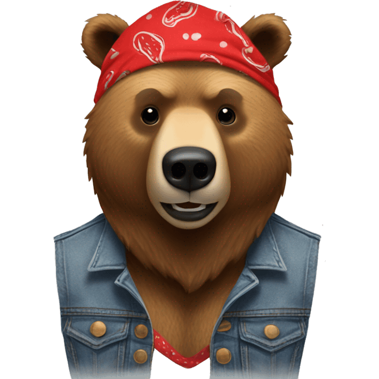 grizzly bear wearing sleeveless jean jacket and red bandana around head with open mouth emoji