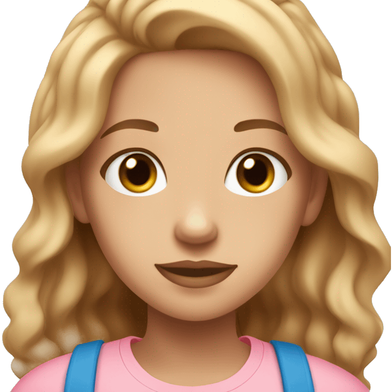 Make a light skin girl with blue eyes a light pink t shirt and light brown wavy hair emoji