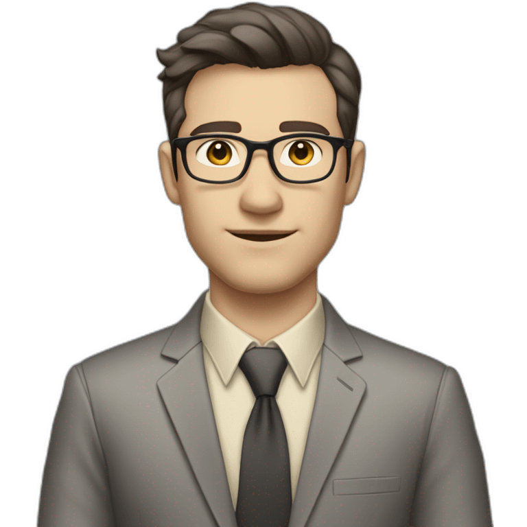 Full height Pale skinned Fit Man With dark brown hair in classic gray suit, beige office shirt, dark gray tie, and vintage glasses. His hands lock emoji