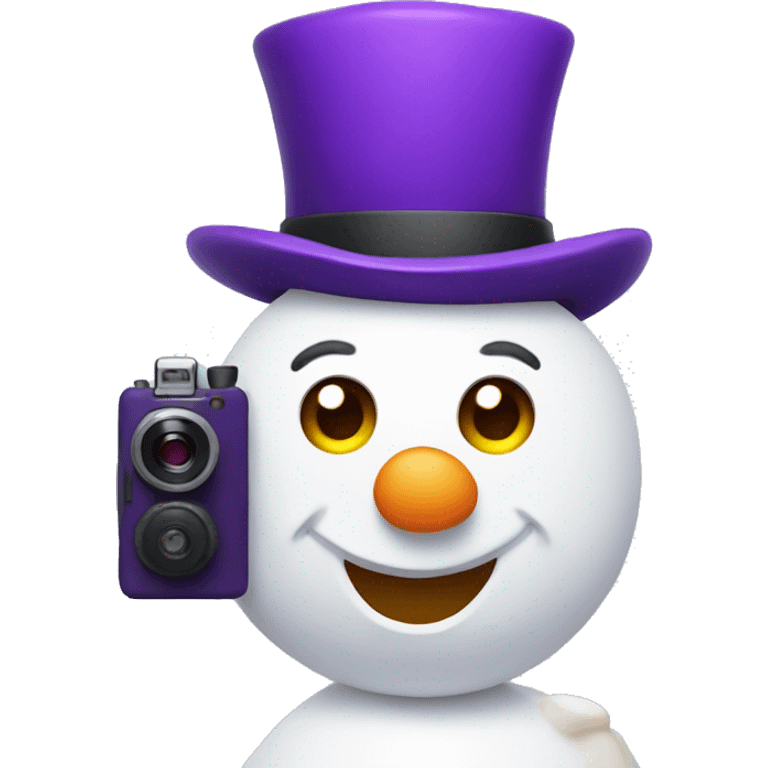 snowman holding a camera with a purple hat emoji