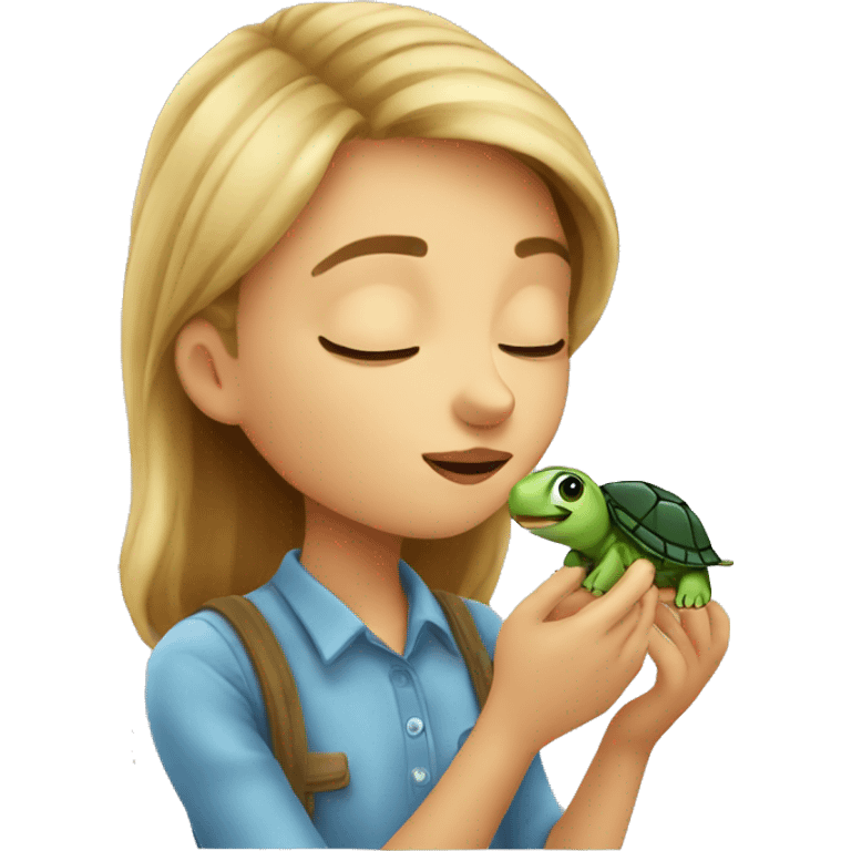 European girl kisses little turtle emoji